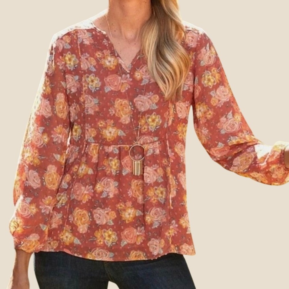 Womens‎ Rust Orange Floral Swiss Dot Peplum V-Neck Blouse Lg Summer Prairie Boho